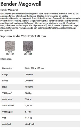 MURSTEN MEGAWALL TOPPSTEN      RADIE GRÅ 200X200X150MM